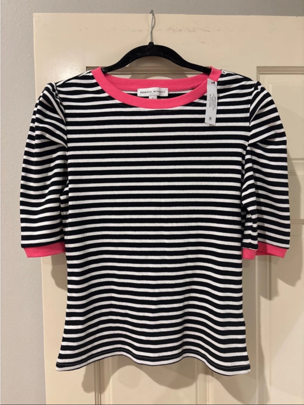 Rebecca Minkoff Kids Black & White Striped Tee with Pink Trim